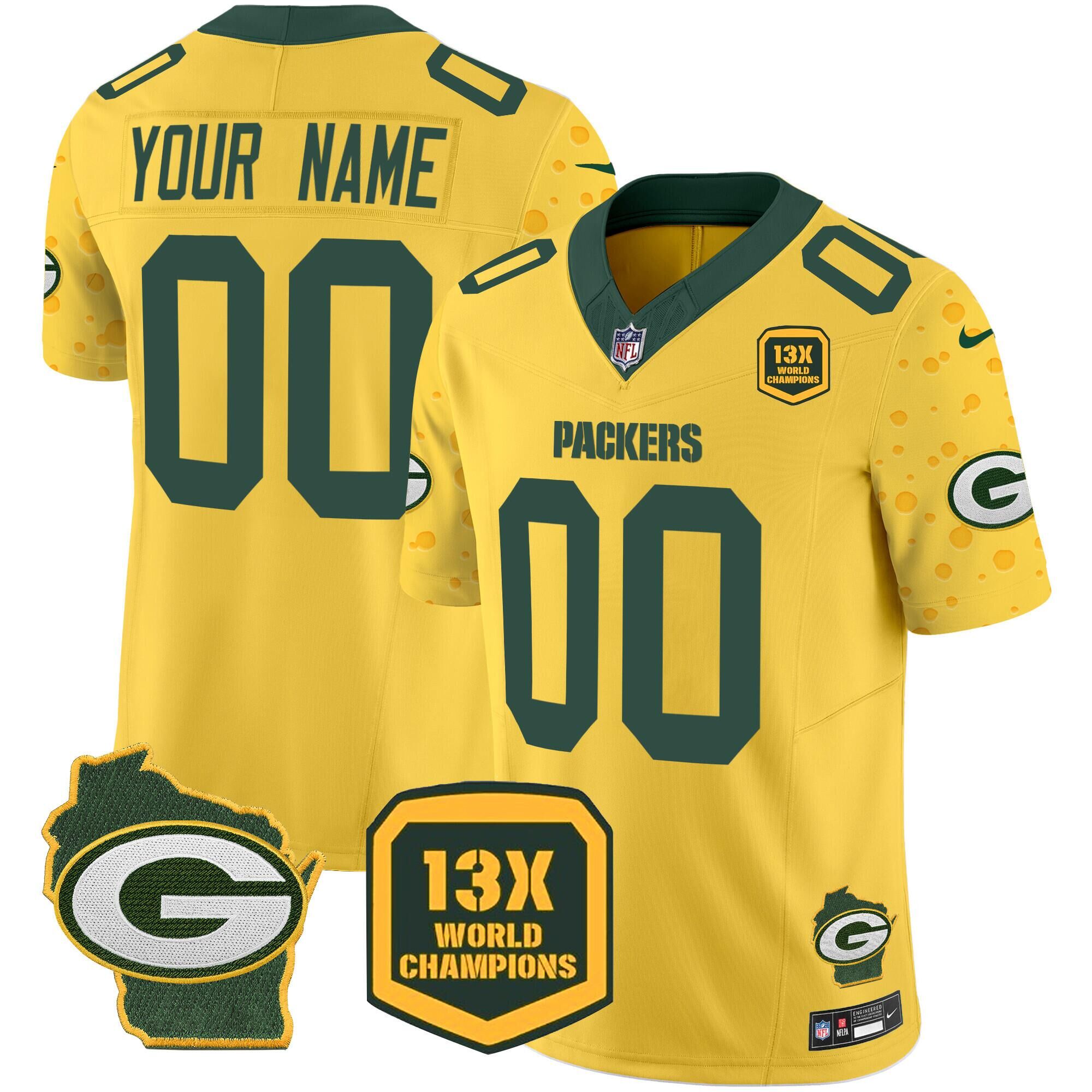 Men's Green Bay Packers ACTIVE PLAYER Custom Cheese Gold 2024 F.U.S.E. Home Patch 13 Time World Champions Vapor Untouchable Limited Football Stitched Football Jersey